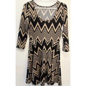 Derek Heart Chevron Fit Flare Dress XS Black Tan 3/4 Sleeve Stretch